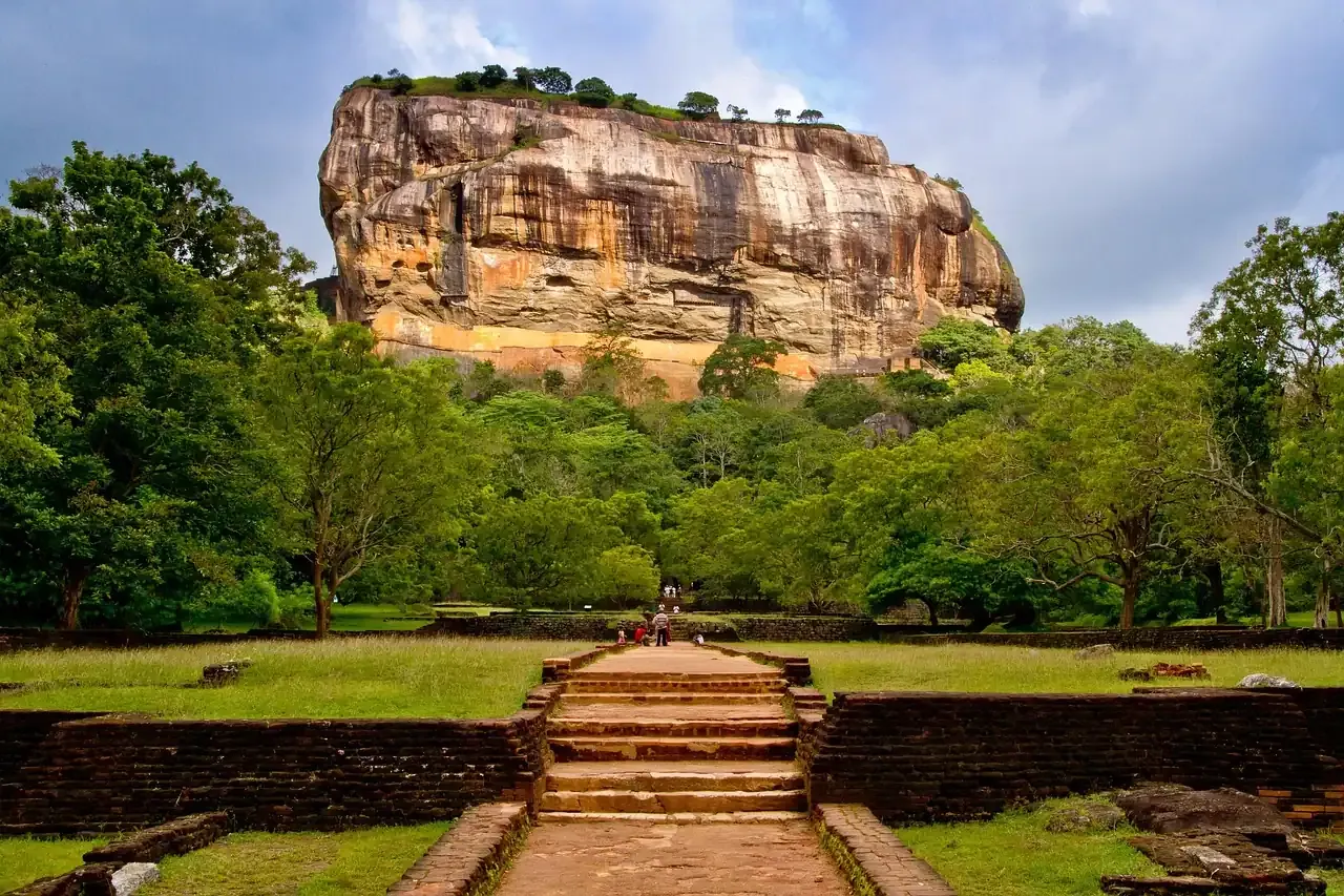 The Sigiriya rock fortress seen from the water gardens at its foot in Sri Lanka