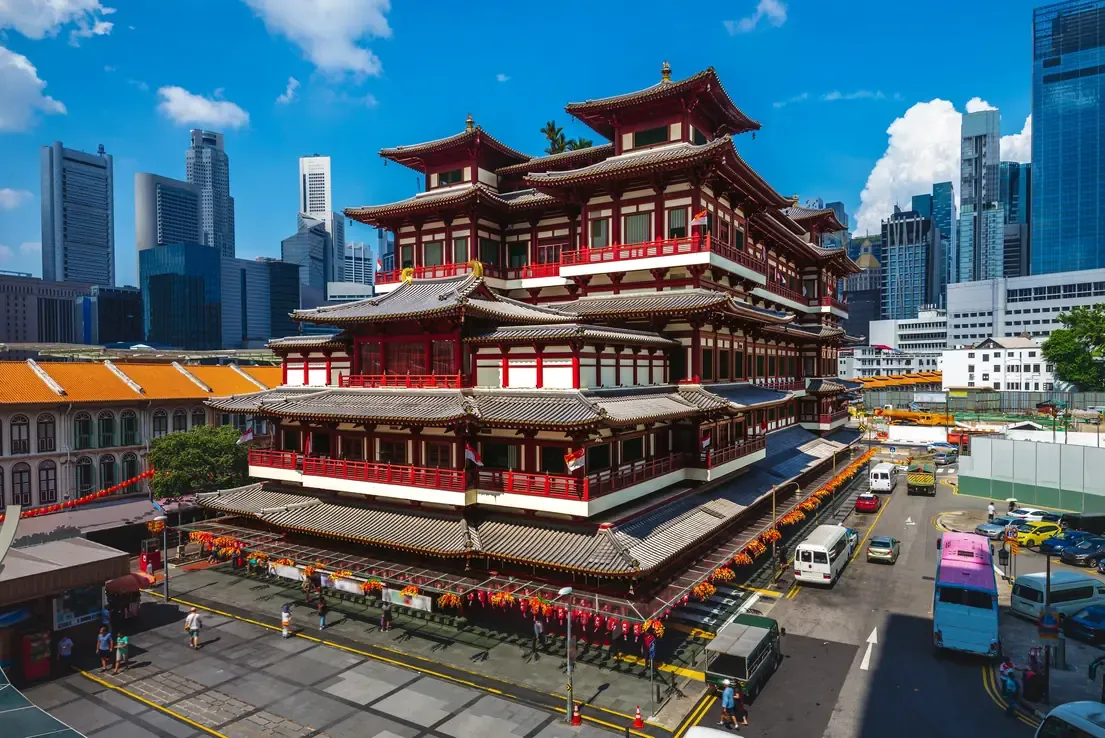 An aerial view of the Buddha Tooth Relic Temple in Chinatown, Singapore