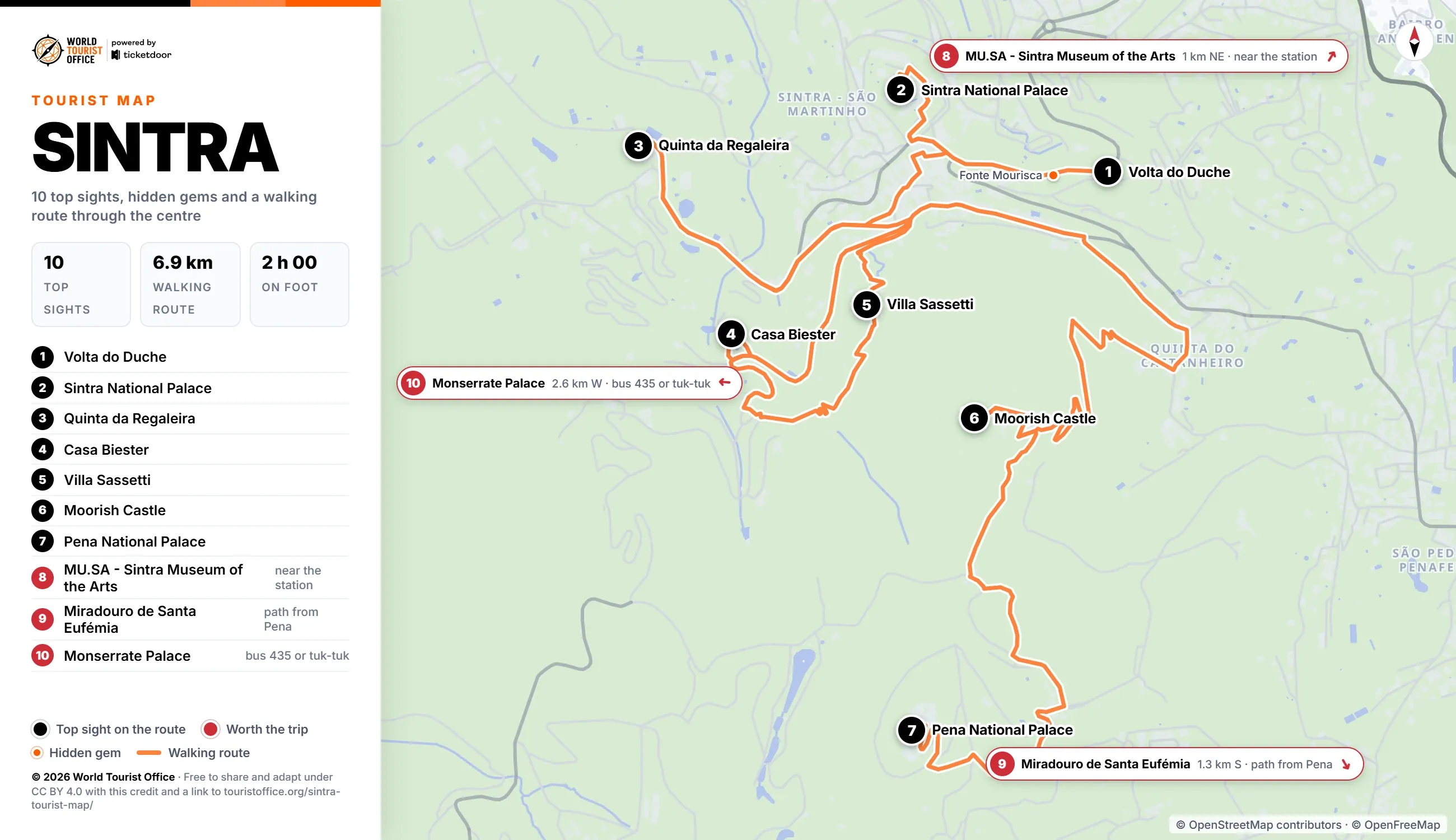 Sintra tourist map with 10 numbered top sights, hidden gems and a walking route