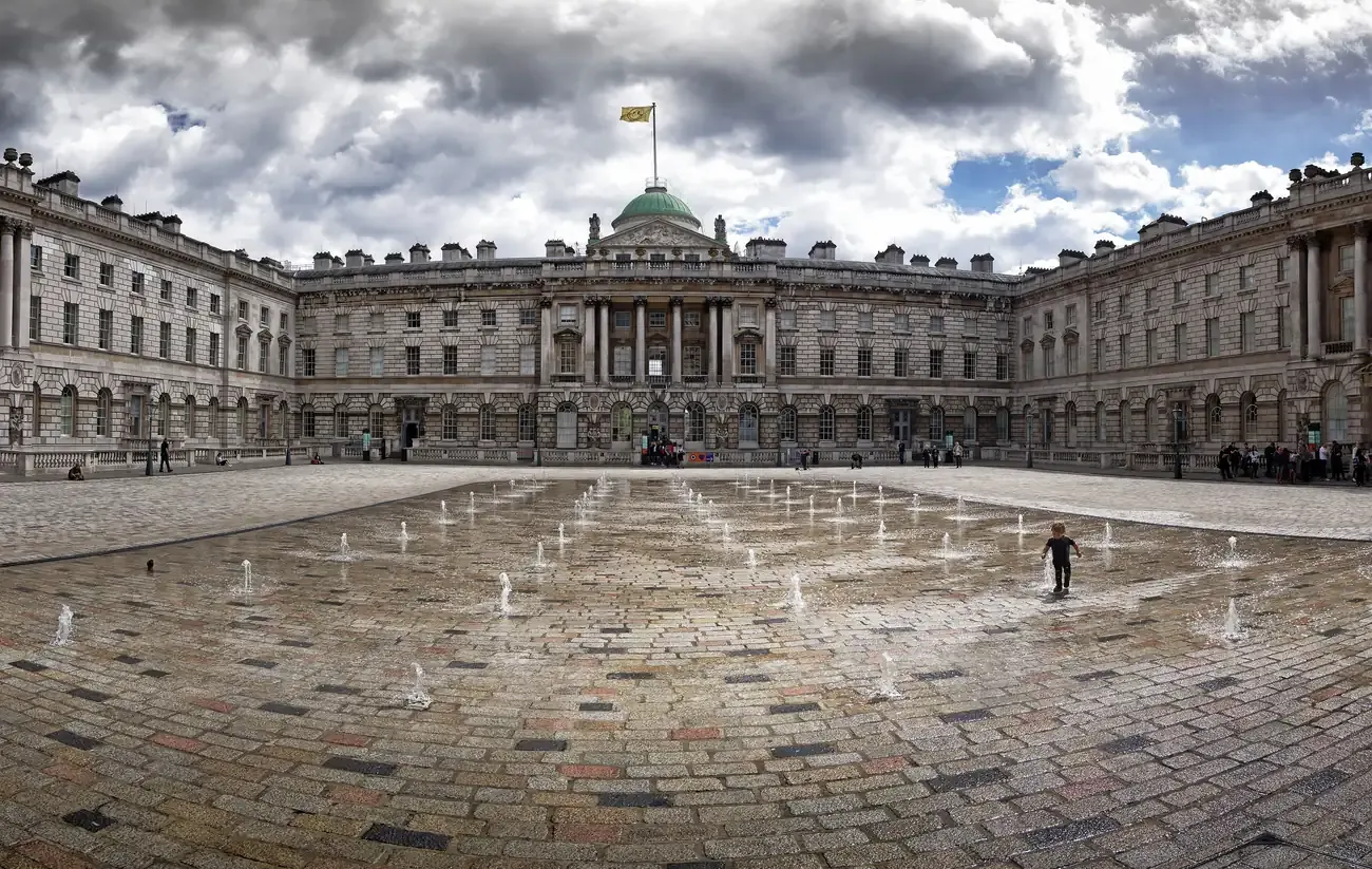 The fountain courtyard and neoclassical wings of Somerset House on the Strand, London