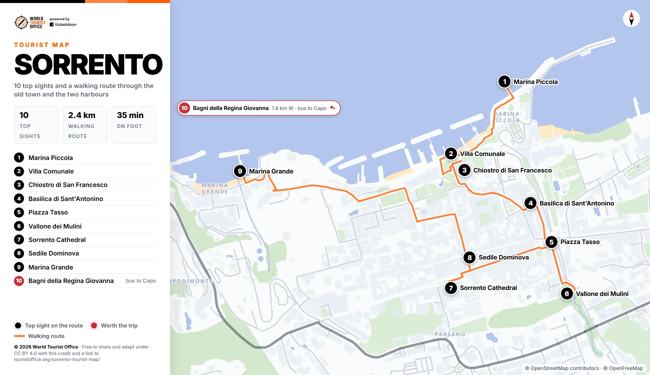 Sorrento tourist map with 10 numbered top sights and a walking route