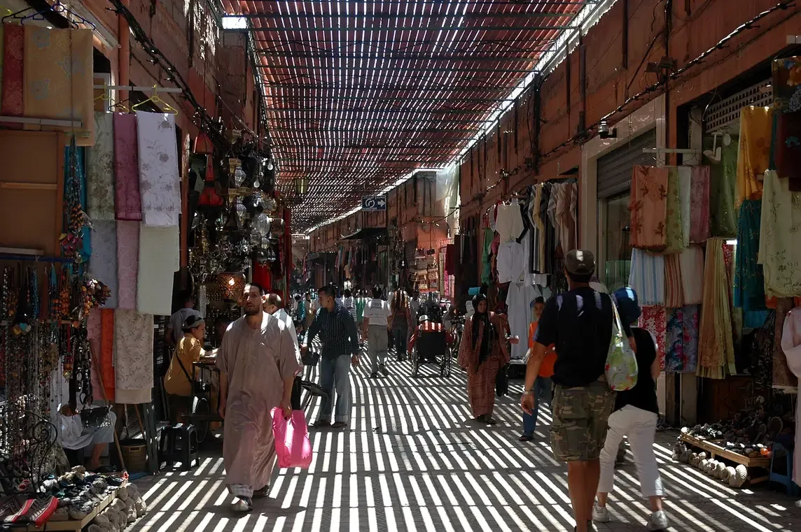 The covered lattice roof and stalls of Souk Semmarine in Marrakech