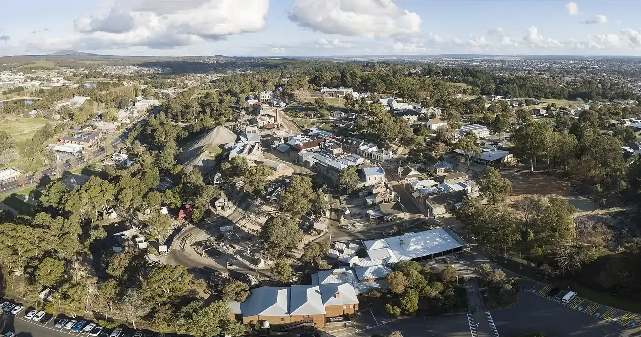 The 1850s township of the Sovereign Hill open-air museum seen from the air at Ballarat