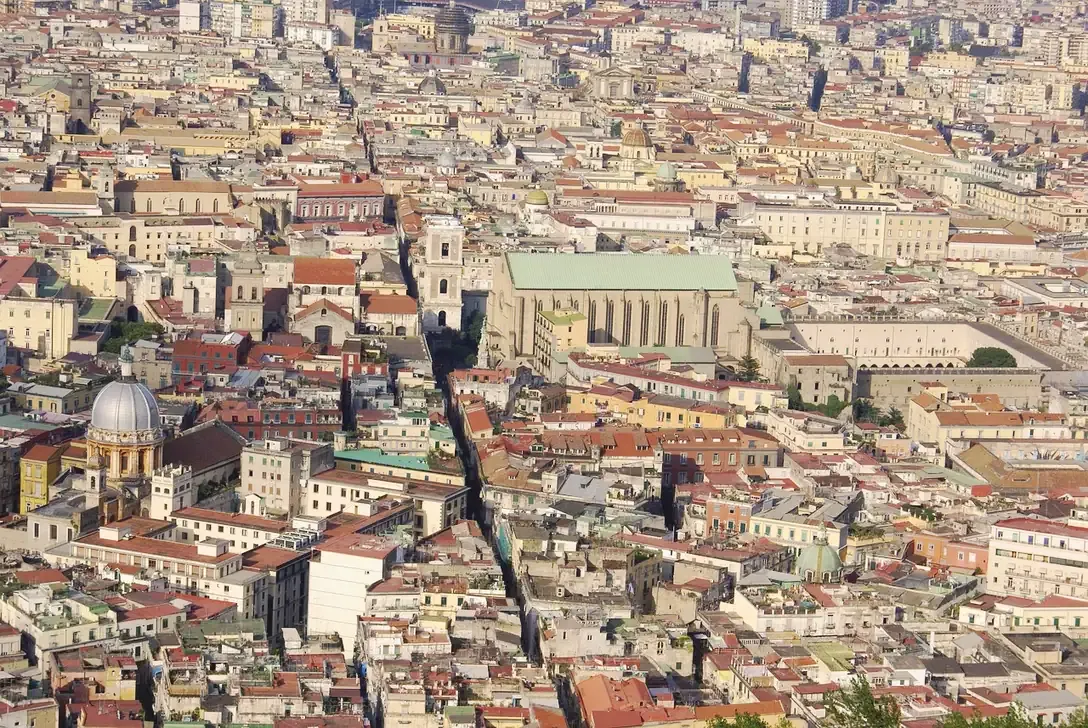 Aerial view of Spaccanapoli, the long straight street through Naples' historic center near the Sansevero Chapel