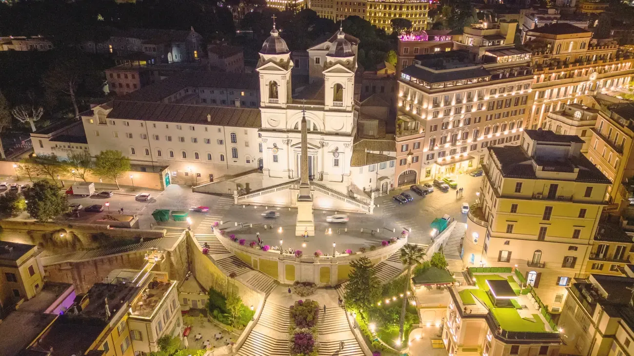 Aerial night view of the Spanish Steps in Rome