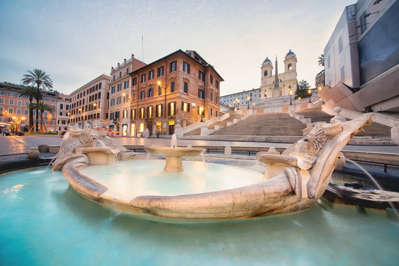 The Barcaccia fountain below the Spanish Steps in Rome