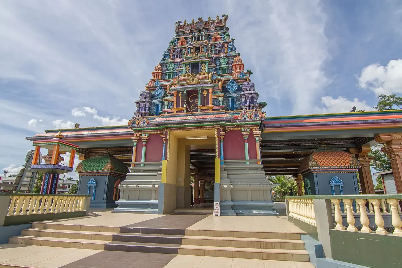 The painted gopuram tower of the Sri Siva Subramaniya Temple in Nadi, Fiji