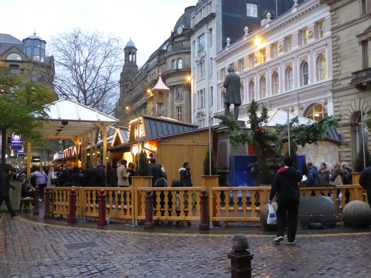Christmas market chalets in St Ann's Square, Manchester