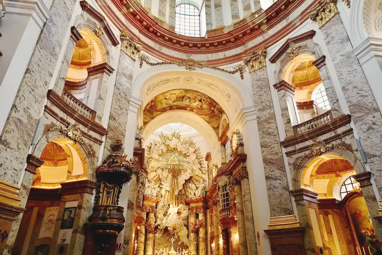 Baroque interior of St Charles's Church (Karlskirche), Vienna, toward the high altar