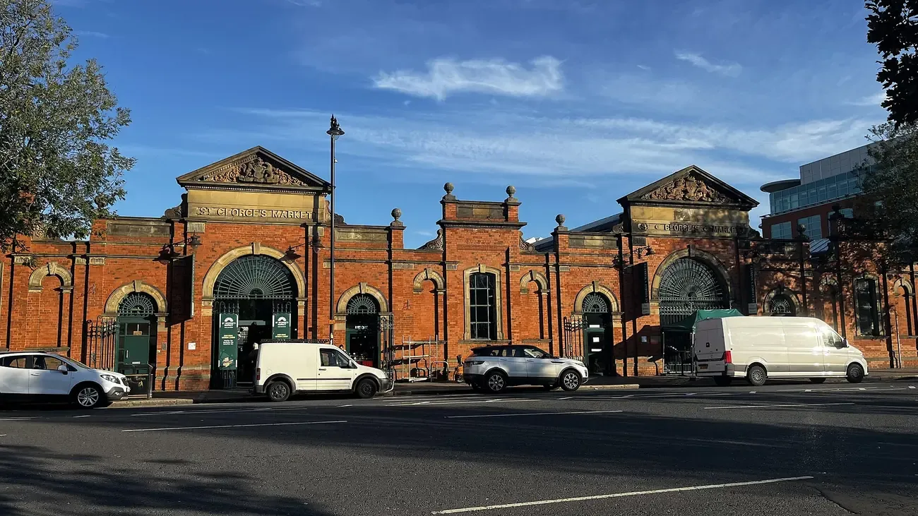 The red-brick Victorian front of St George's Market on East Bridge Street in Belfast