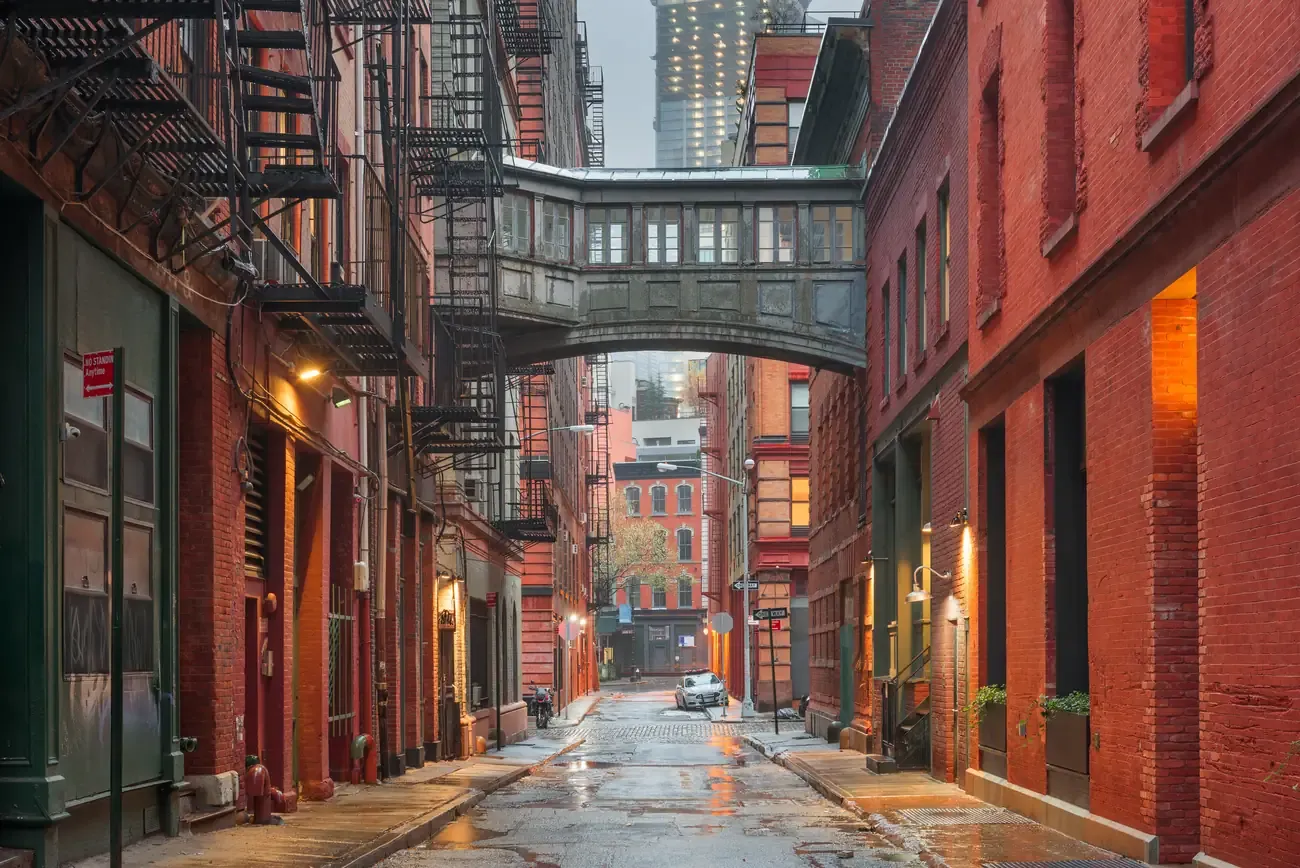 The Staple Street skybridge between red-brick buildings in Tribeca, New York