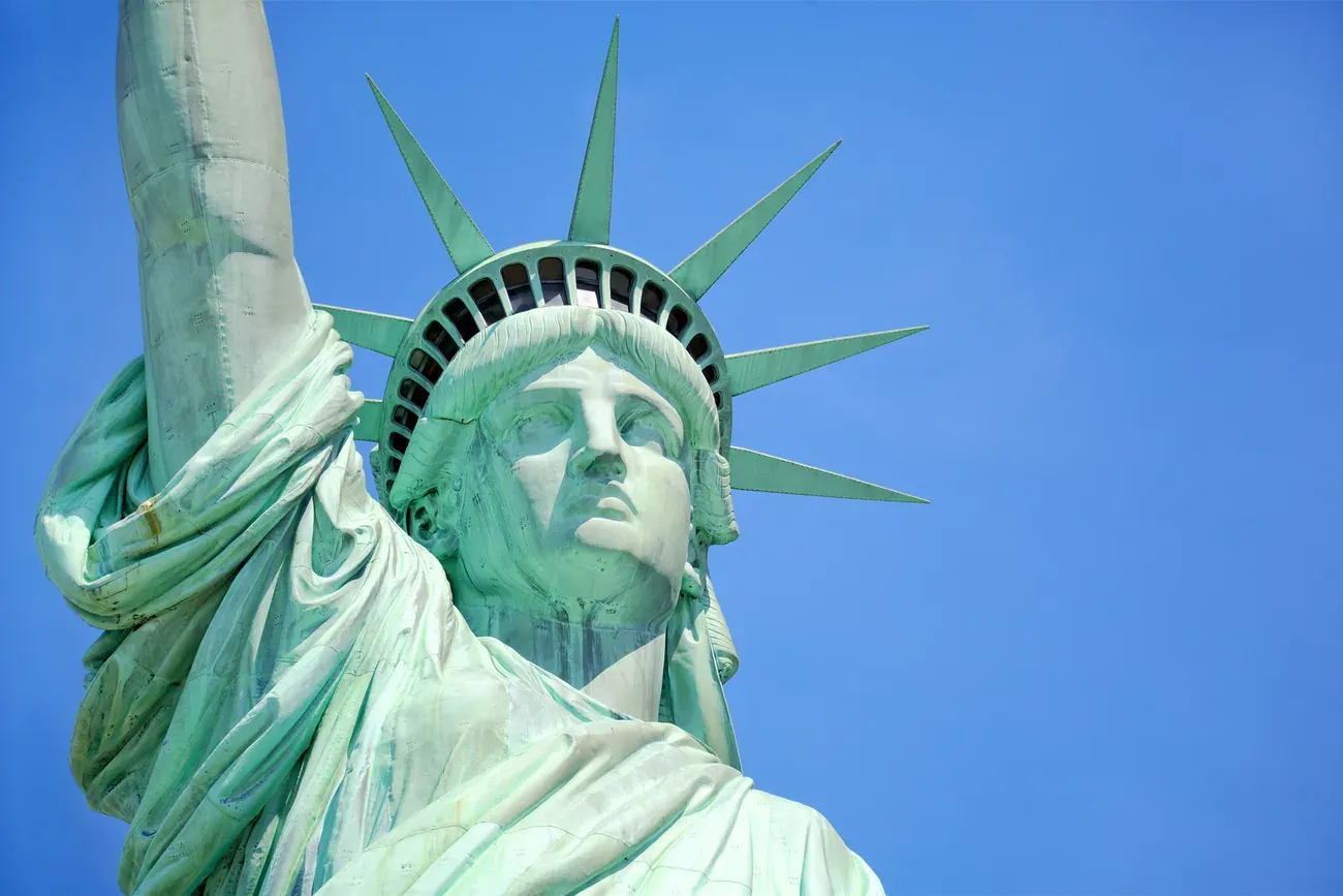Close view of the Statue of Liberty's face and crown, New York