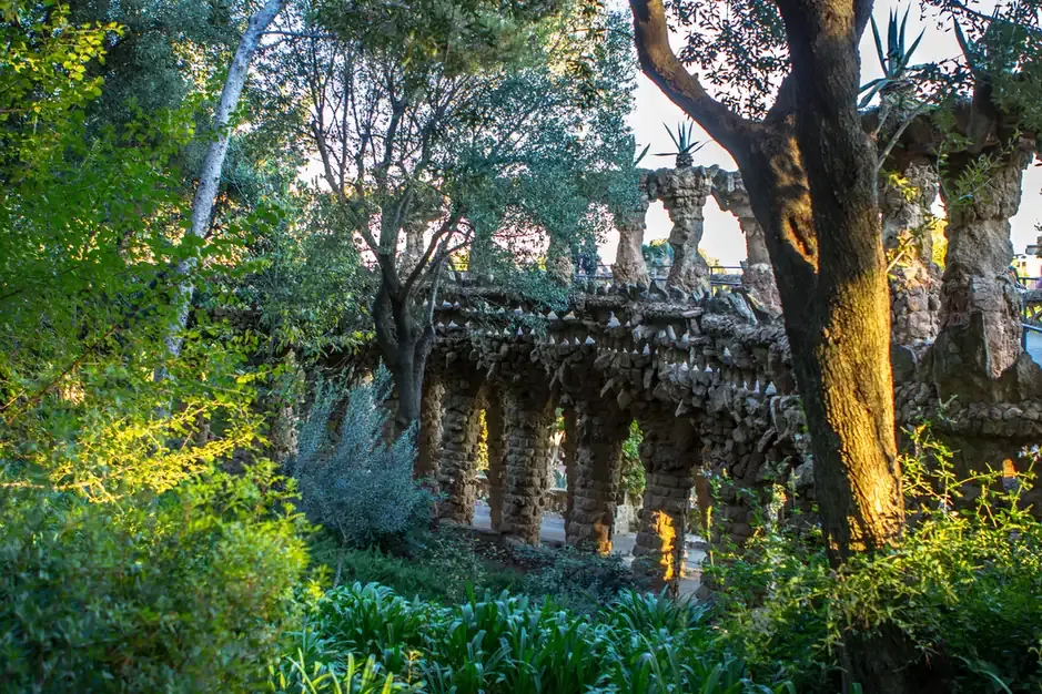 The stone colonnade of the viaduct at Park Guell in Barcelona