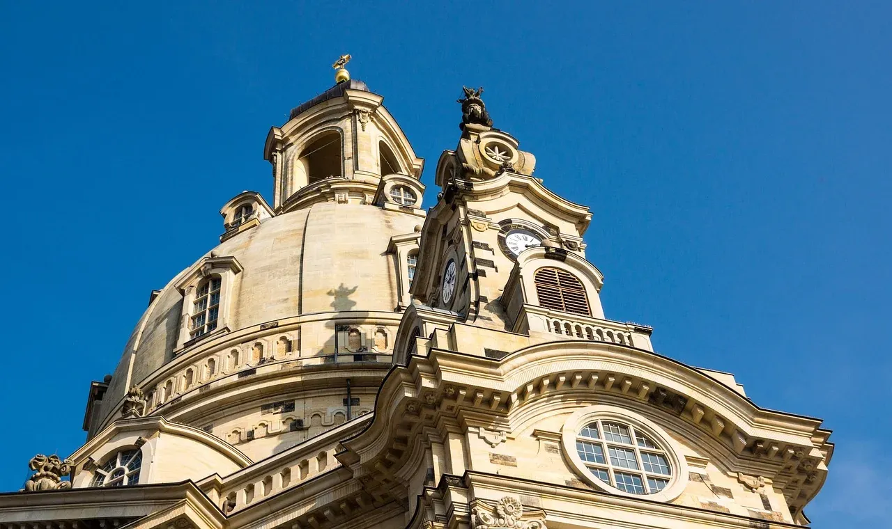The stone dome and lantern of the Frauenkirche seen from below in Dresden