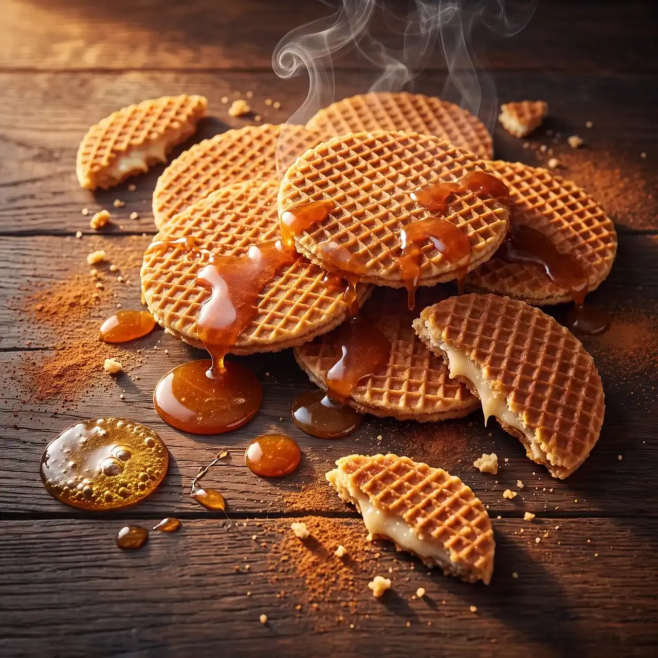 Warm stroopwafels broken open to show the caramel syrup between the waffle layers