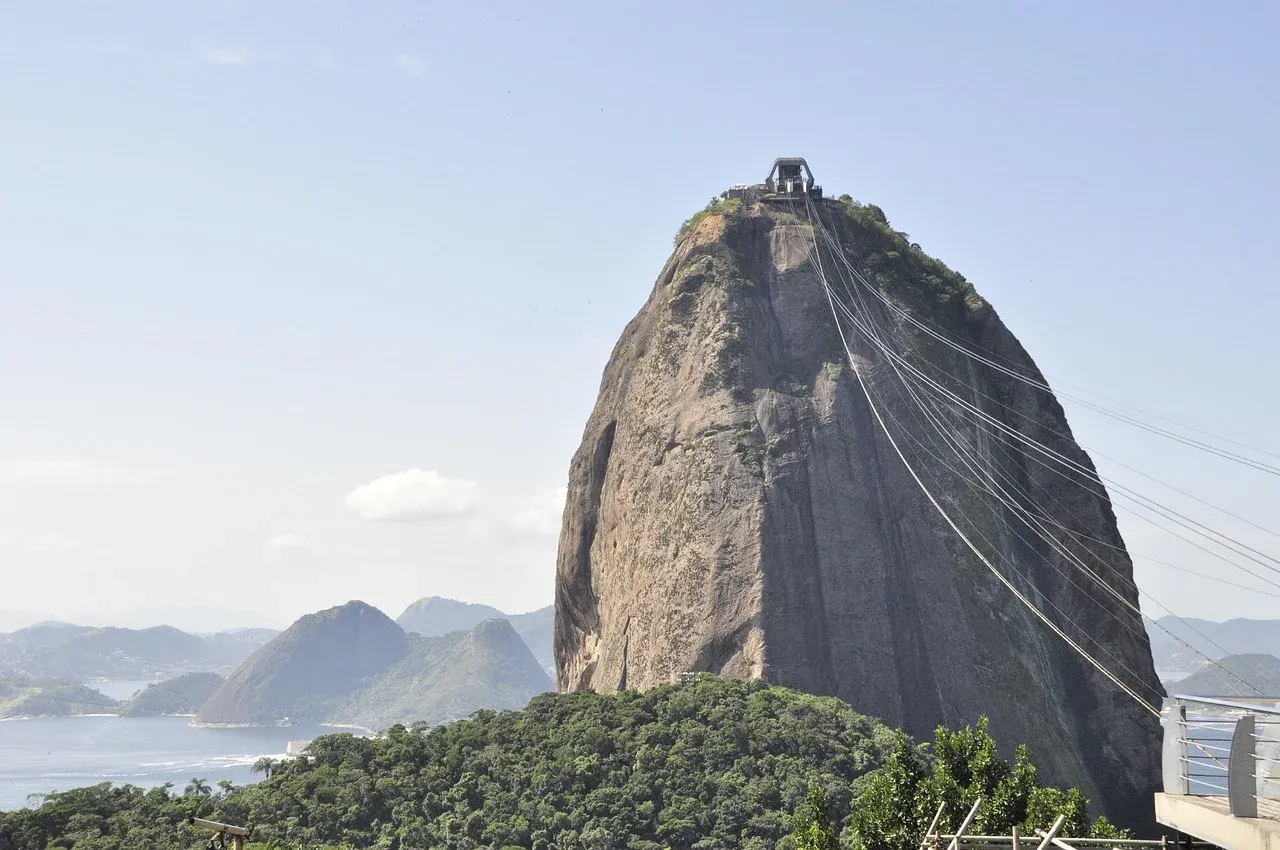The granite dome of Sugarloaf Mountain with the cable car lines running up it