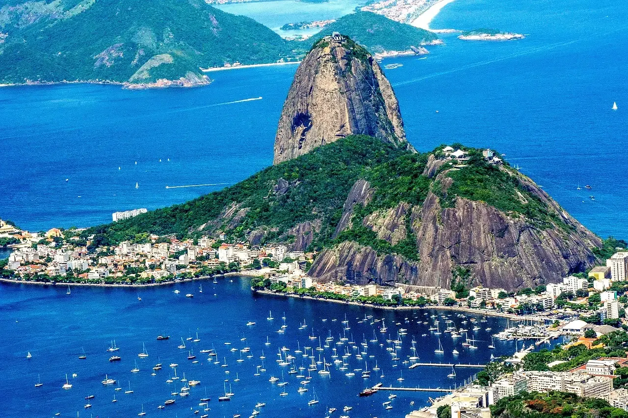 Sugarloaf Mountain rising over the marina of Botafogo bay in Rio de Janeiro