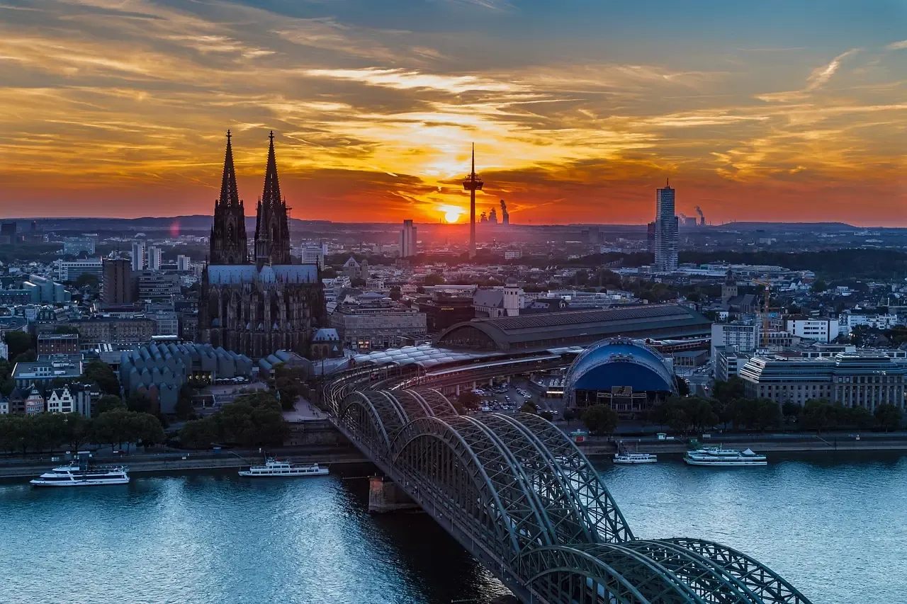 Sunset over the Rhine with Cologne Cathedral on the skyline
