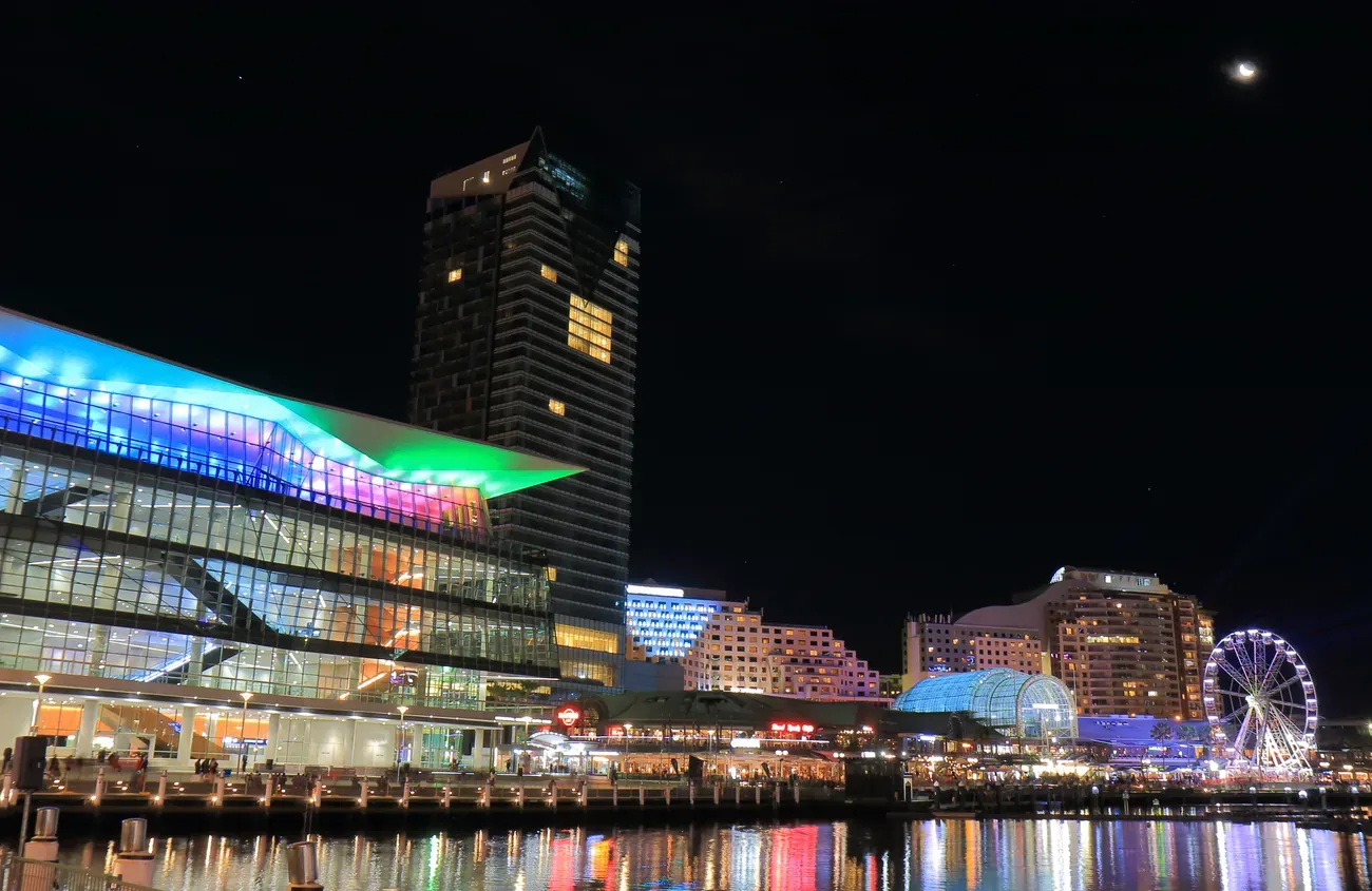 The Darling Harbour waterfront and city lights in Sydney at night