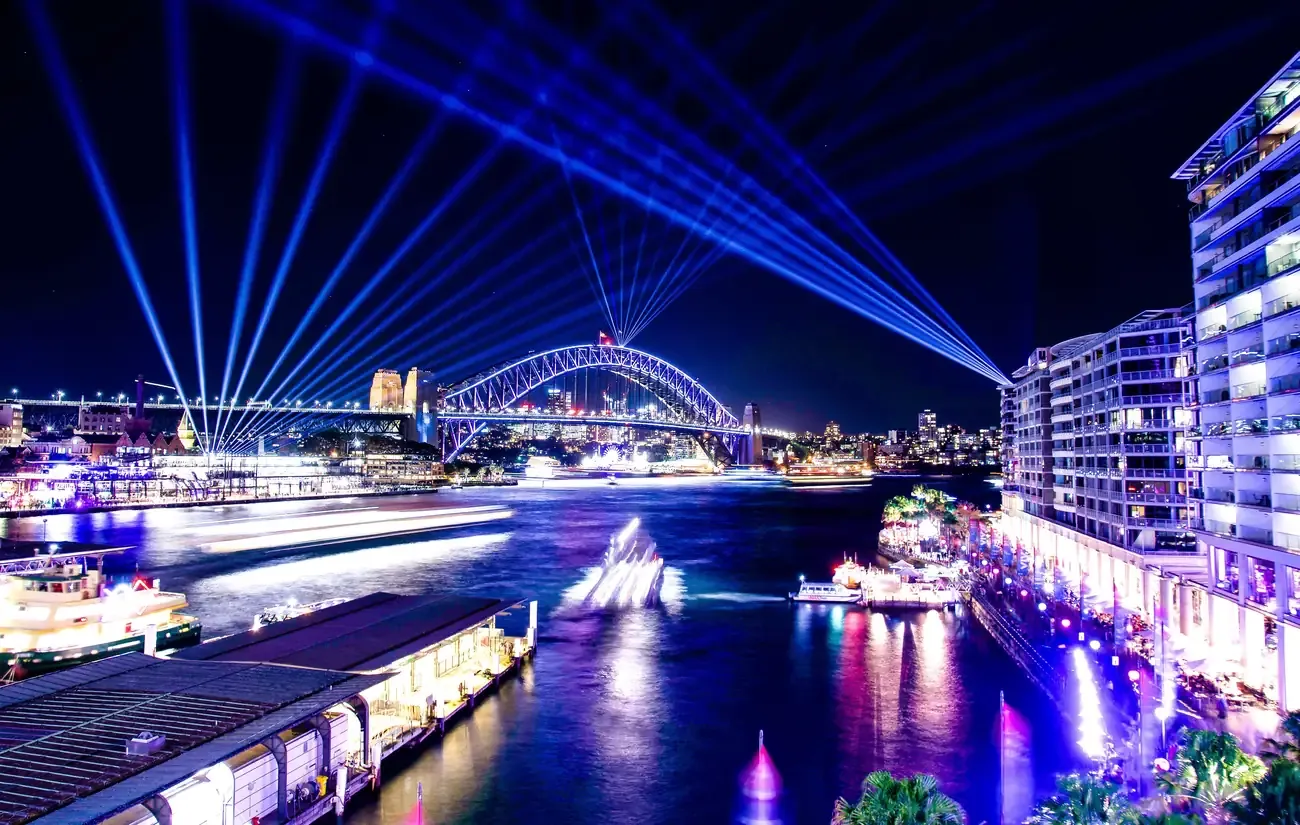 Sydney Harbour Bridge lit up during the Vivid Sydney festival