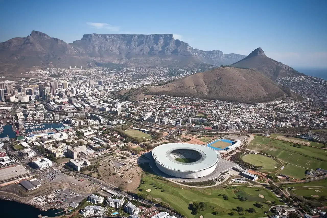 Aerial view of Table Mountain, Signal Hill and Cape Town Stadium