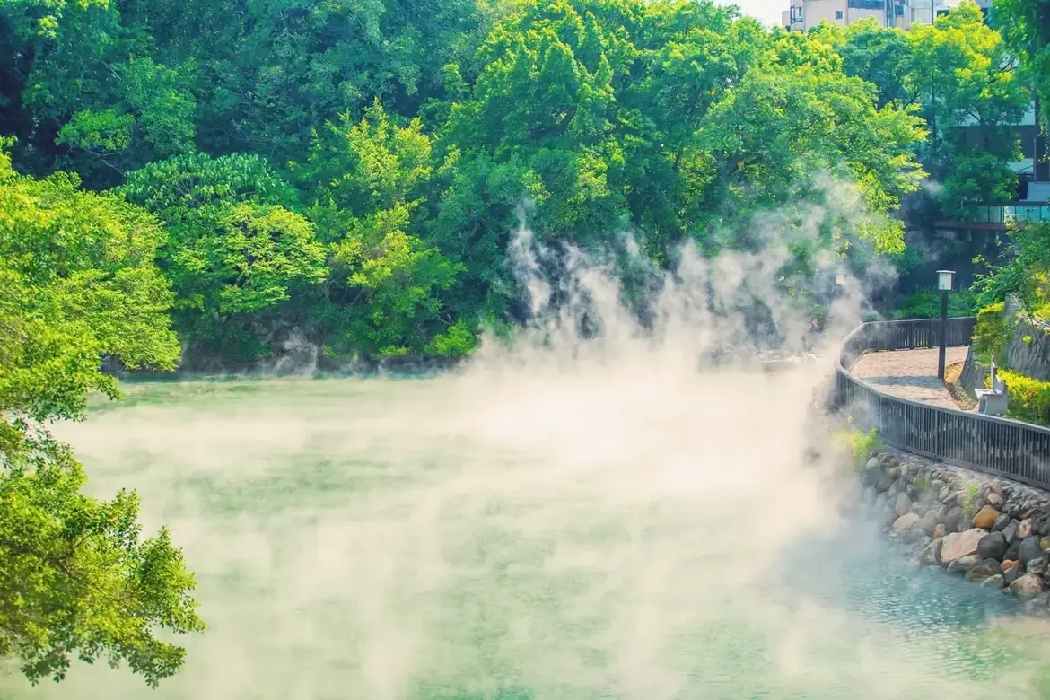 Steam rising from the hot spring at Beitou Thermal Valley in Taipei