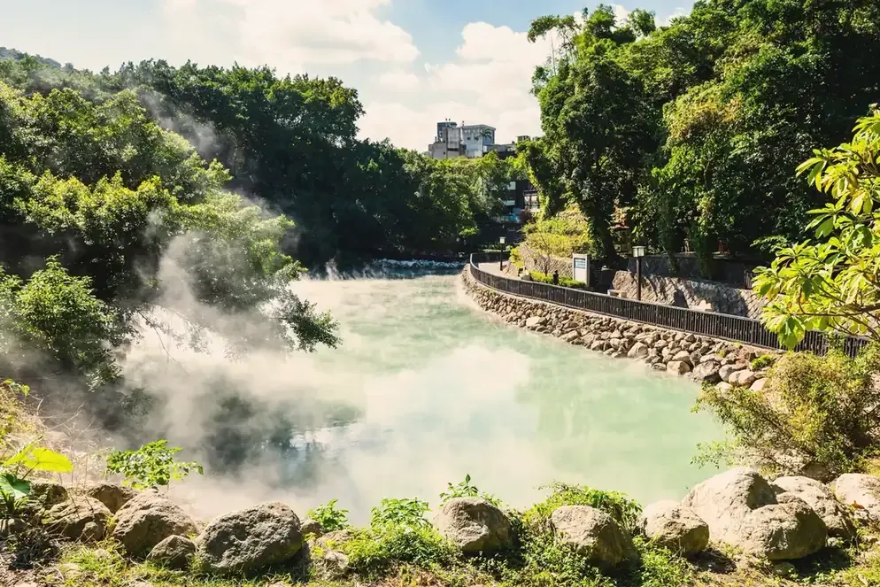 The steaming turquoise water of Beitou Thermal Valley in Taipei