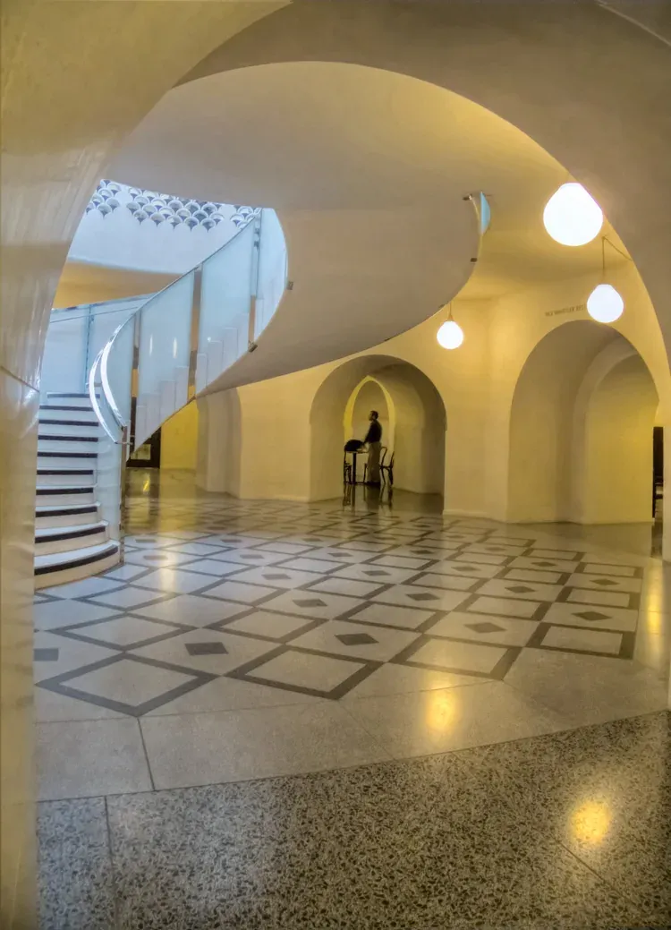 The spiral staircase and patterned floor of the lower rotunda at Tate Britain in London