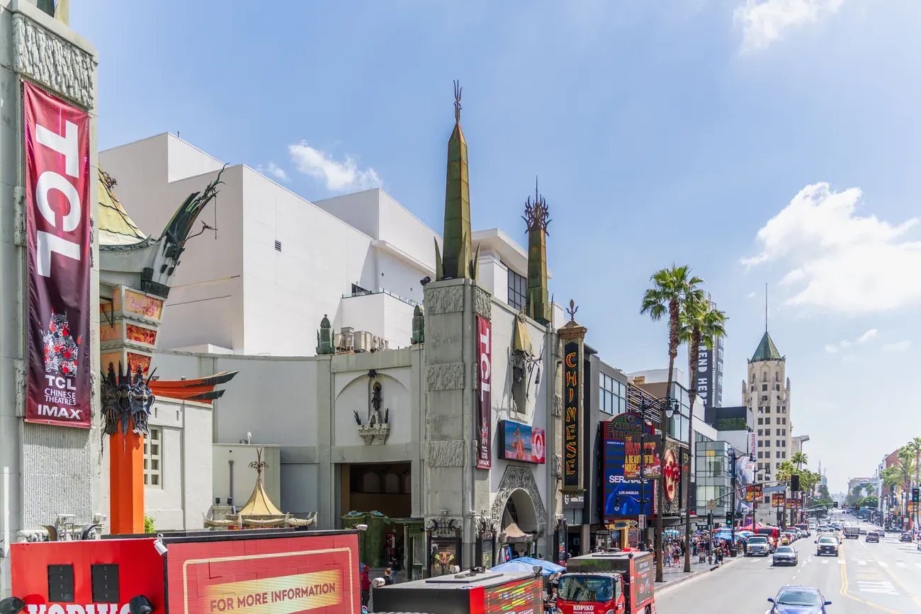 The TCL Chinese Theatre and its pagoda roofline on Hollywood Boulevard in Los Angeles