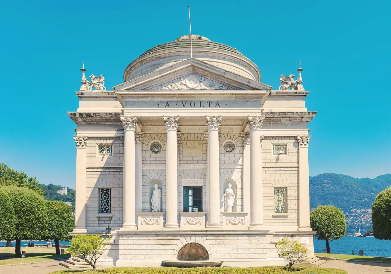 The neoclassical Tempio Voltiano on the lakeshore in Como, Italy