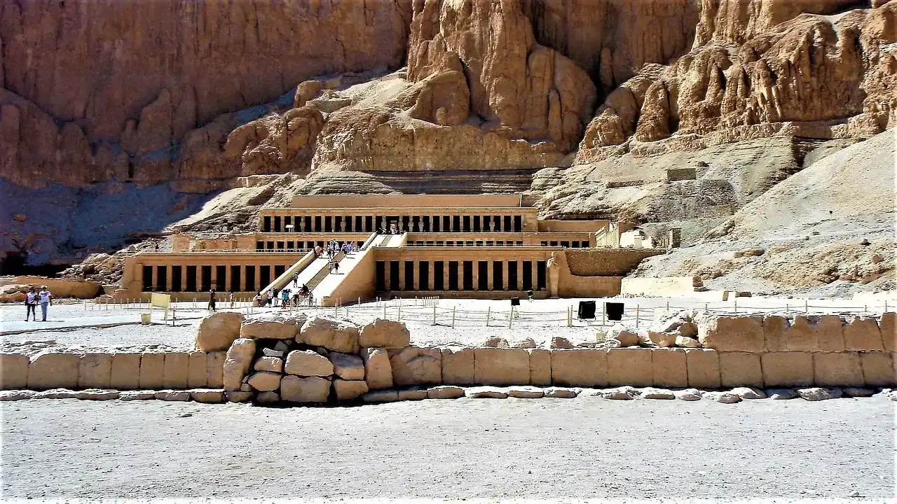 The terraces of the temple of Hatshepsut below the cliffs of Deir el-Bahari at Luxor