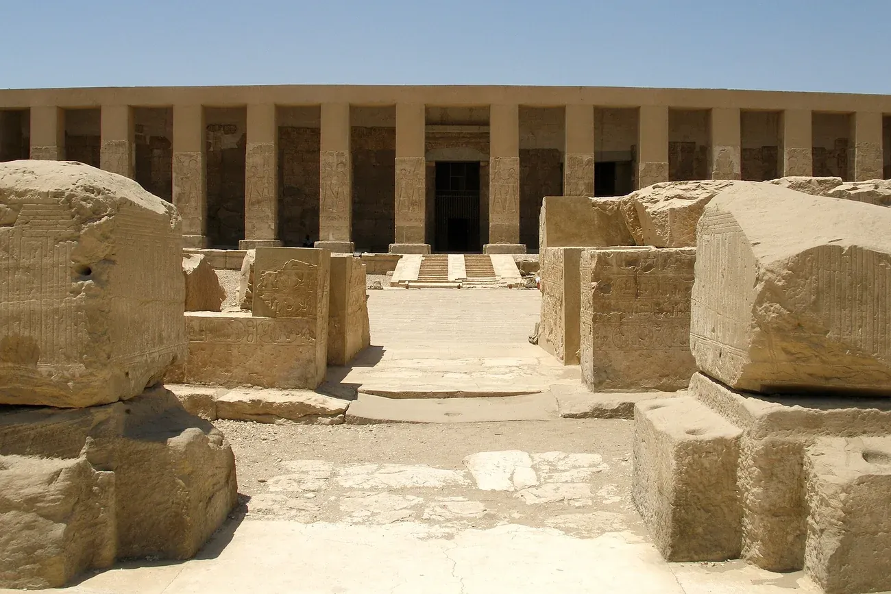 The colonnaded front of the temple of Seti I at Abydos