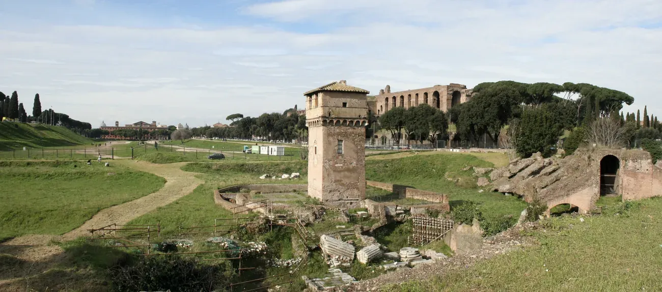 The Circus Maximus with the medieval Torre della Moletta and the Palatine ruins in Rome