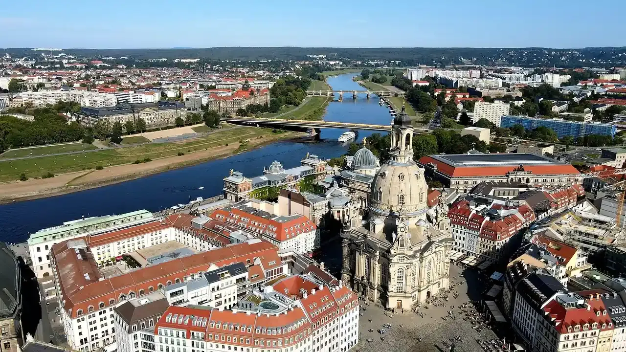 The Elbe and the old town of Dresden from above with the dome of the Frauenkirche