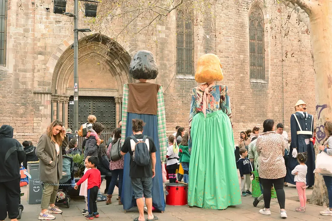The giants of Santa Maria del Pi outside the basilica during the Festes de Sant Josep Oriol