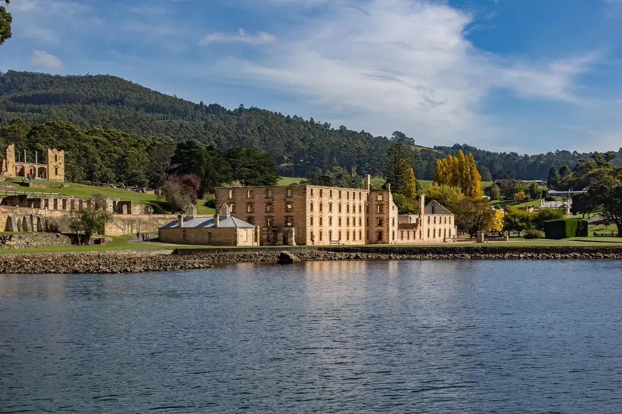 The ruined Penitentiary seen across the water at Port Arthur Historic Site, Tasmania