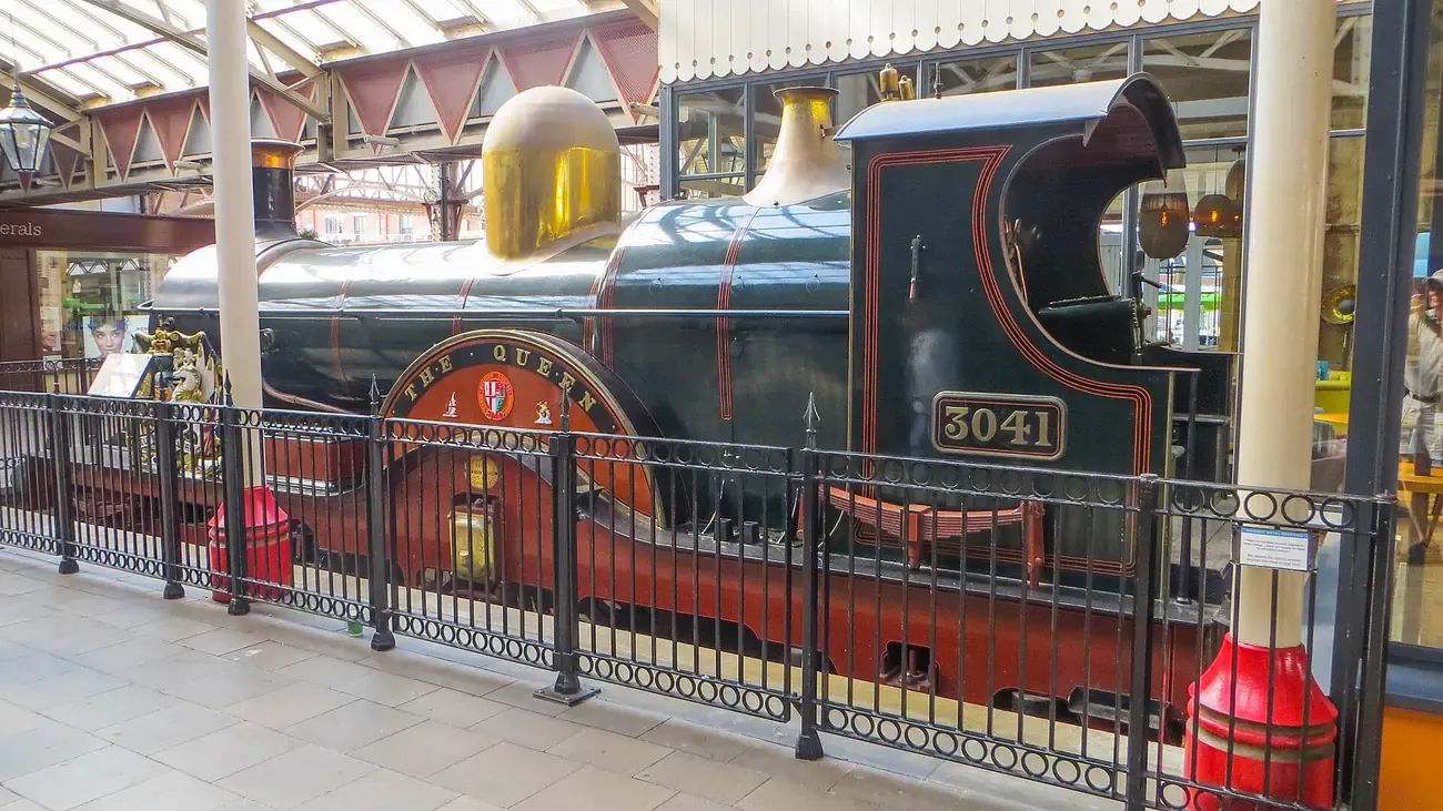 The full size replica of the Great Western Railway locomotive The Queen on display inside Windsor and Eton Central station arcade