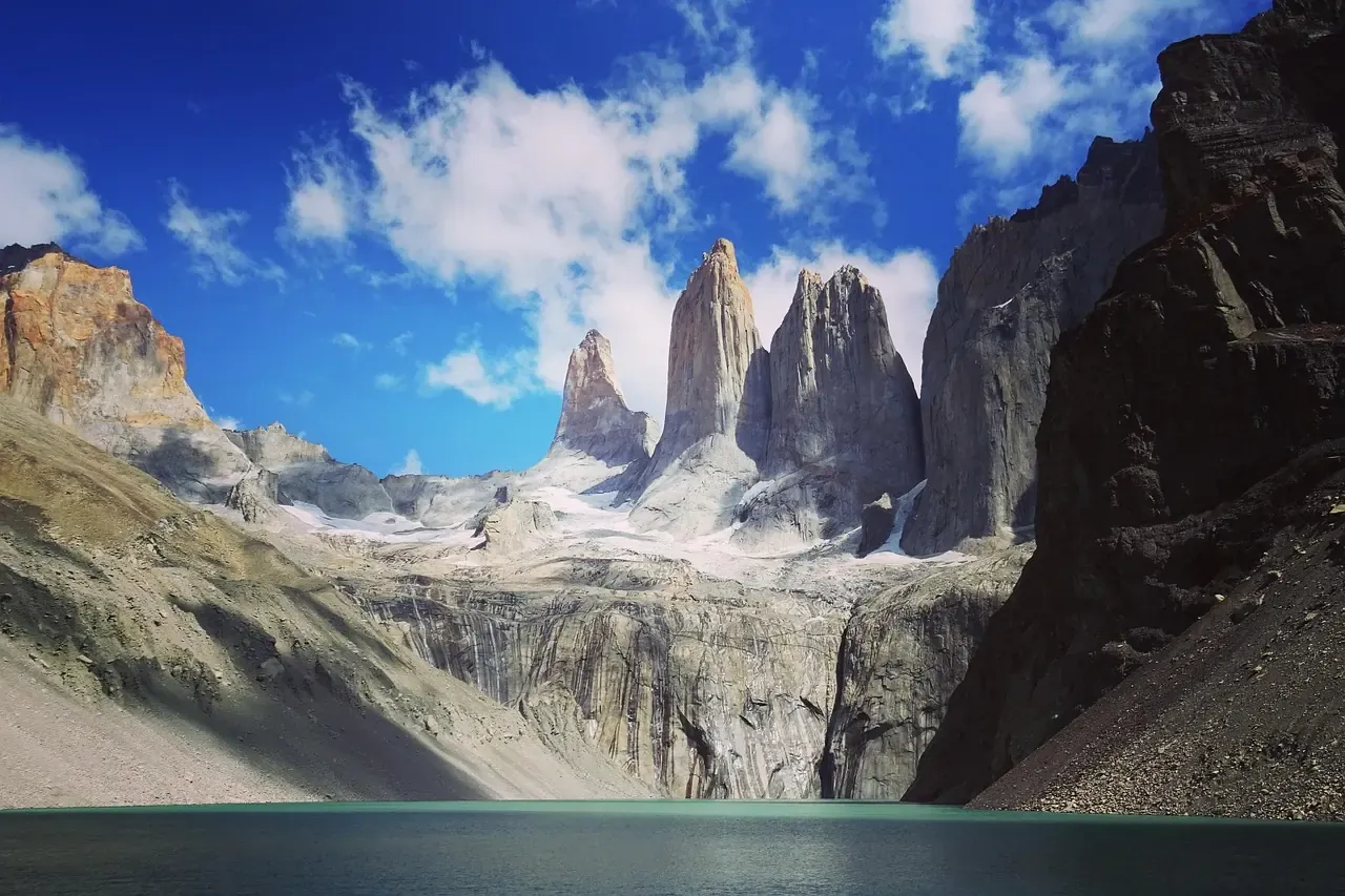 The three granite towers of Torres del Paine above their glacial lake, Chilean Patagonia