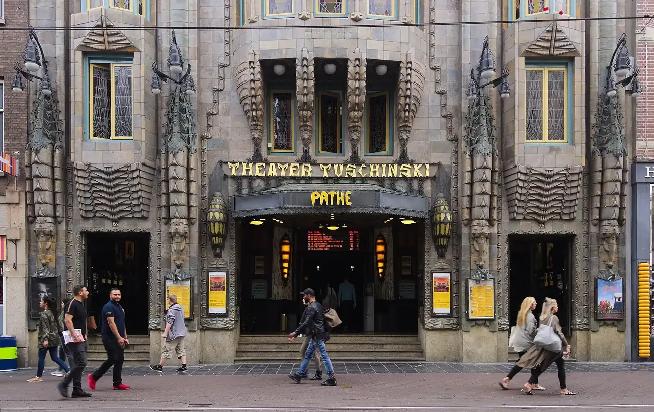 The art deco facade of the Koninklijk Theater Tuschinski on Reguliersbreestraat in Amsterdam