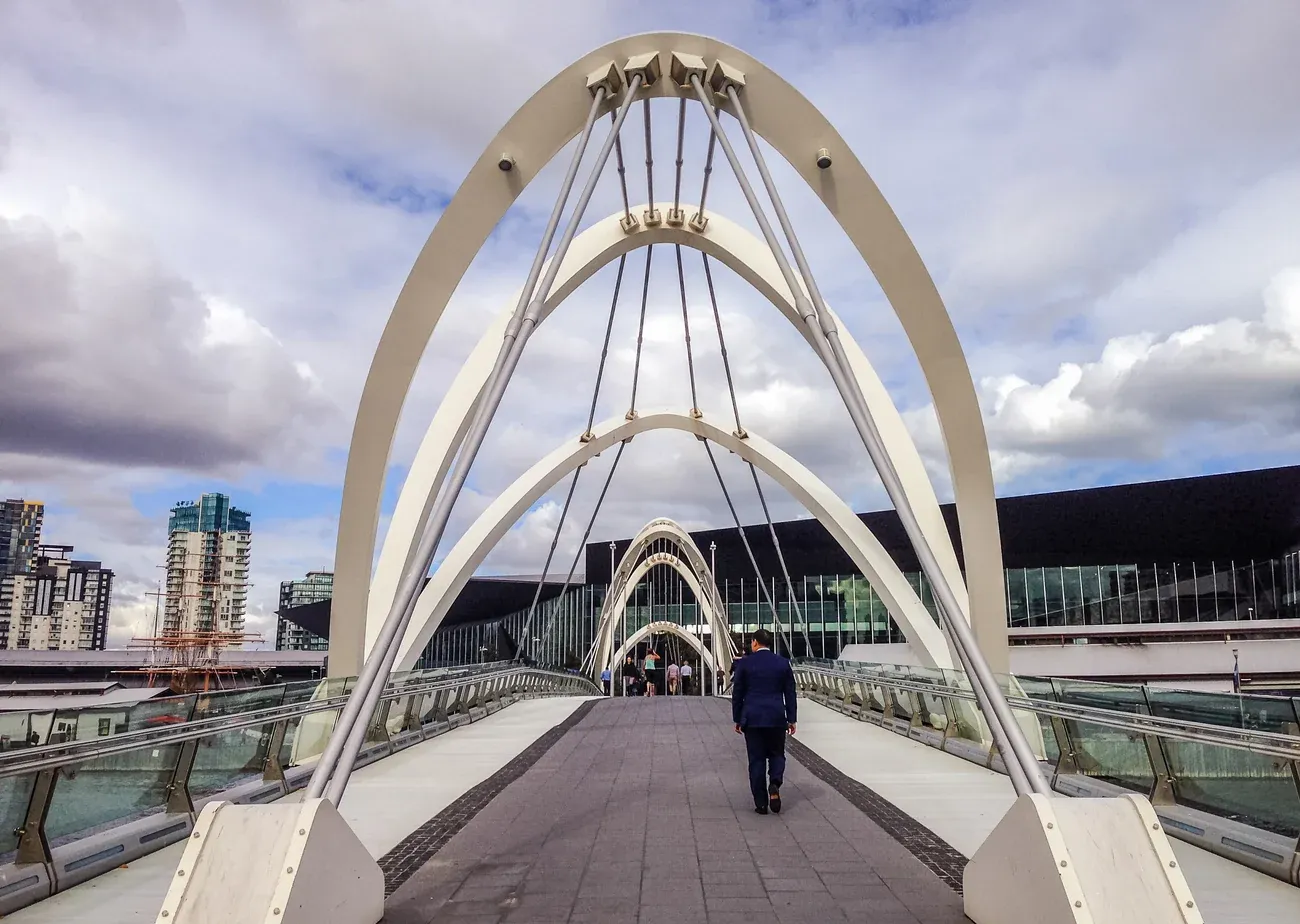 White arches of Seafarers Bridge over the Yarra River in Melbourne