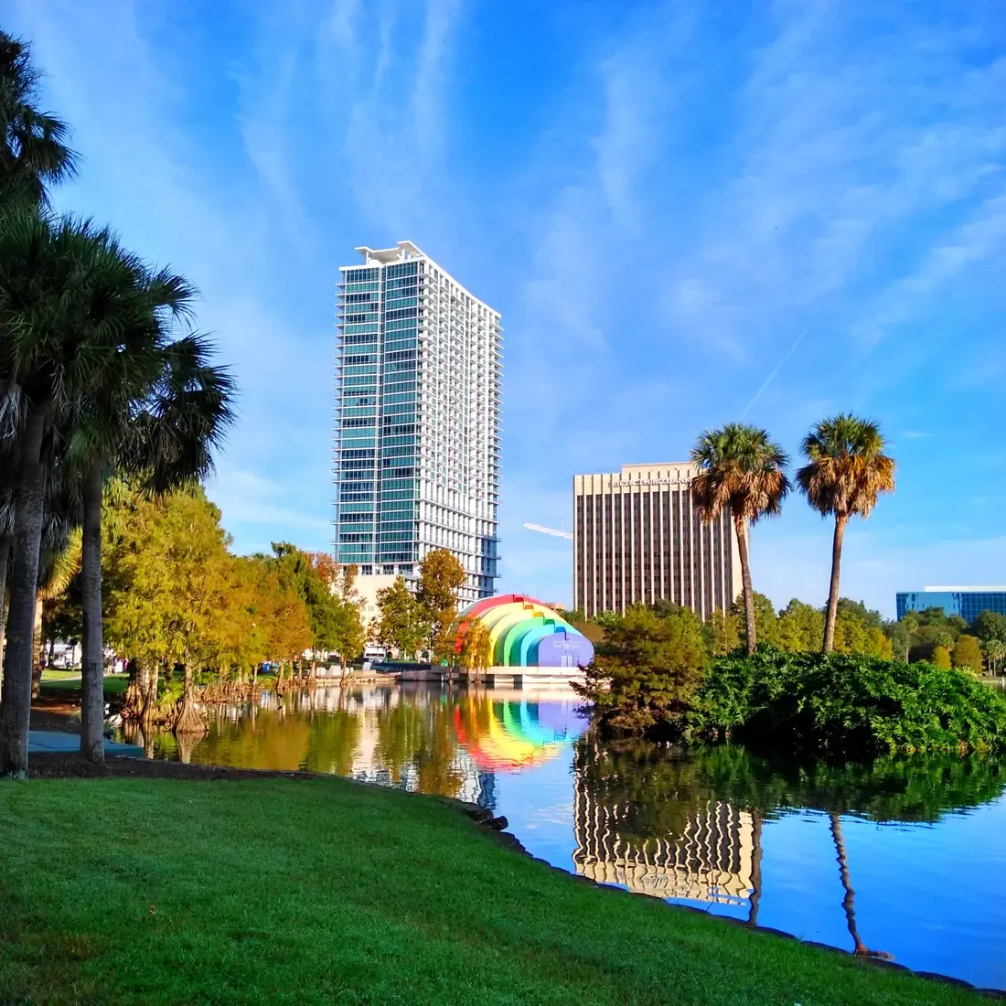 Rainbow-coloured amphitheatre on the shore of Lake Eola in Orlando