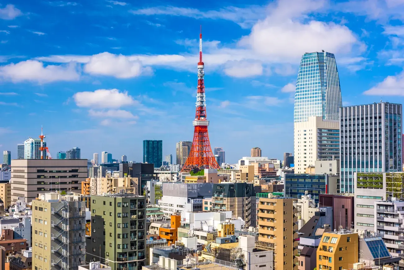 Tokyo rooftops spreading out below Tokyo Tower on a bright day
