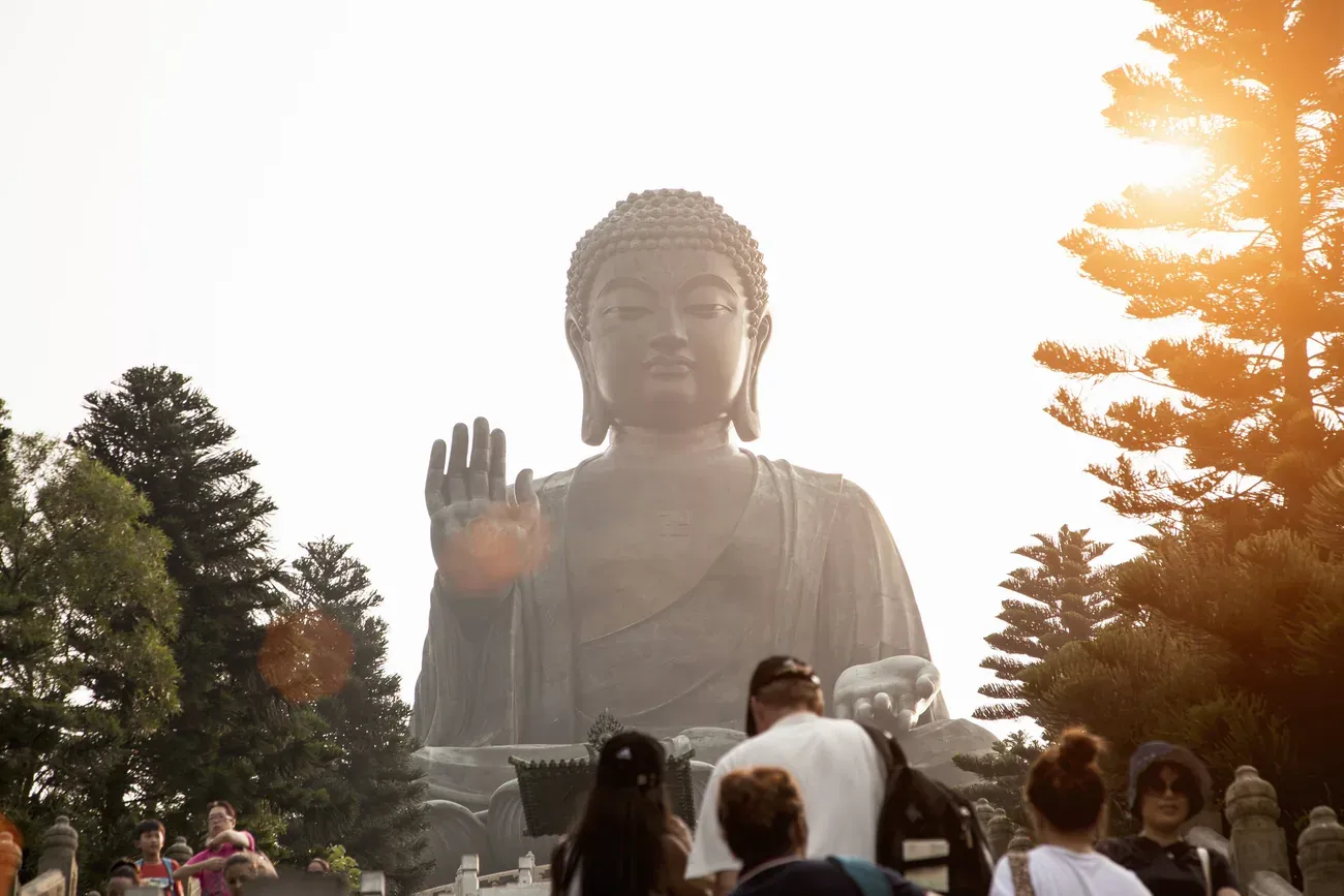 Close view of the Tian Tan Buddha at sunset, Hong Kong