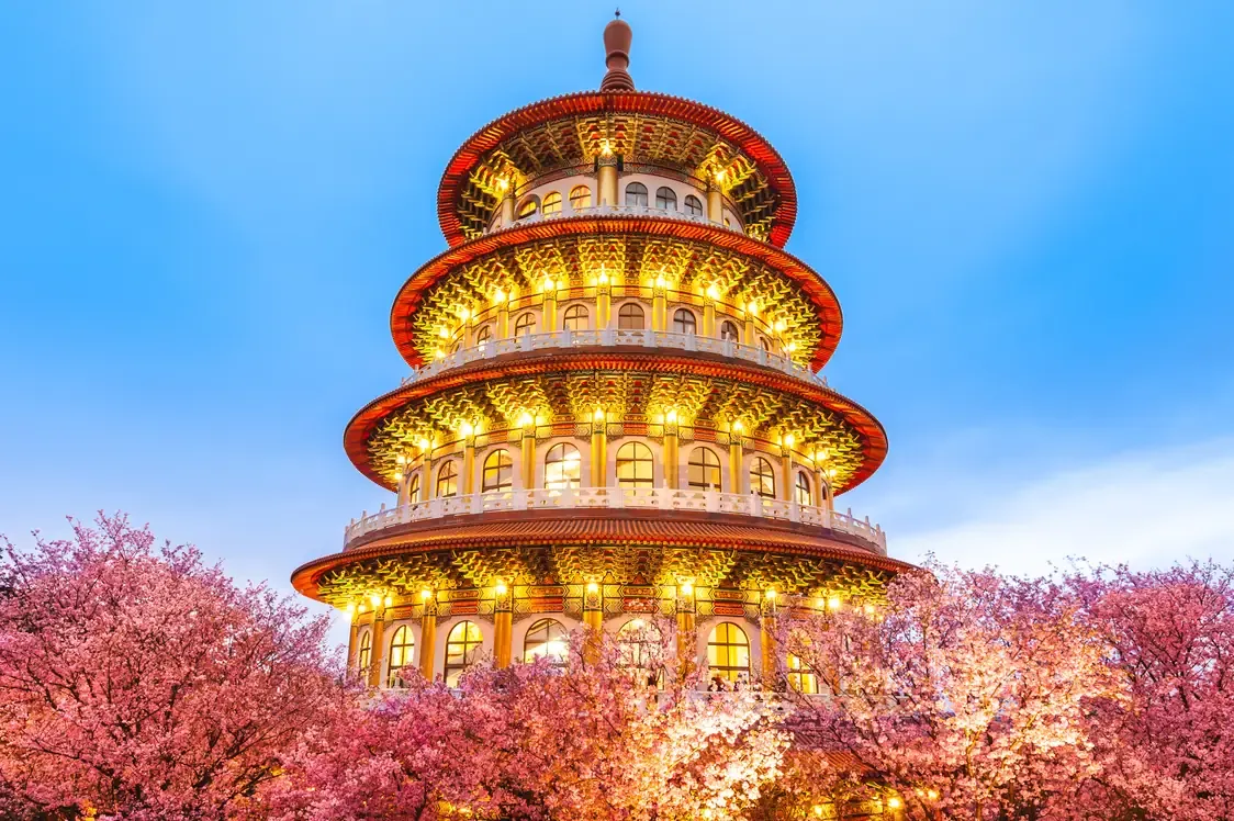 The Tianyuan Temple pagoda among cherry blossoms near Taipei