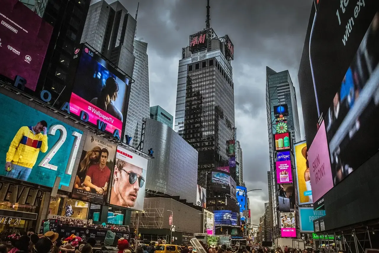 Billboards and towers around Times Square in New York City