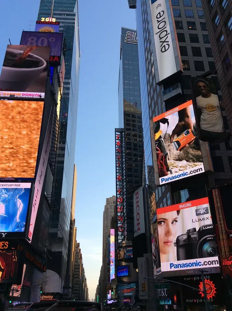 Advertising screens seen from street level in Times Square, New York City