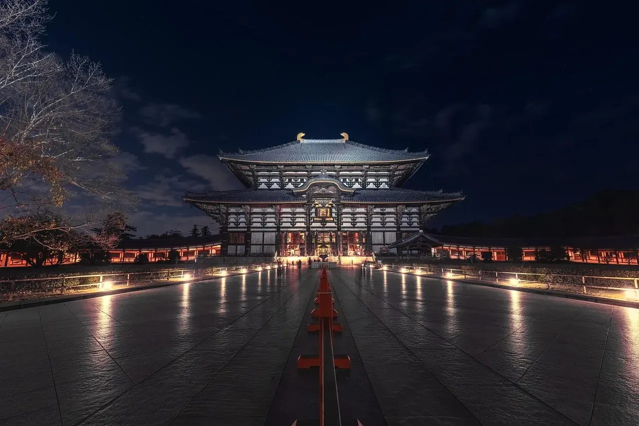 The Great Buddha Hall of Todai-ji lit at night in Nara