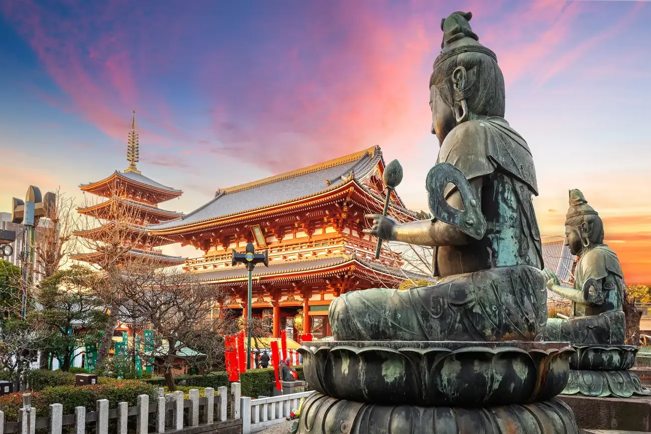The five-storey pagoda of Senso-ji temple in Asakusa, Tokyo, at dusk