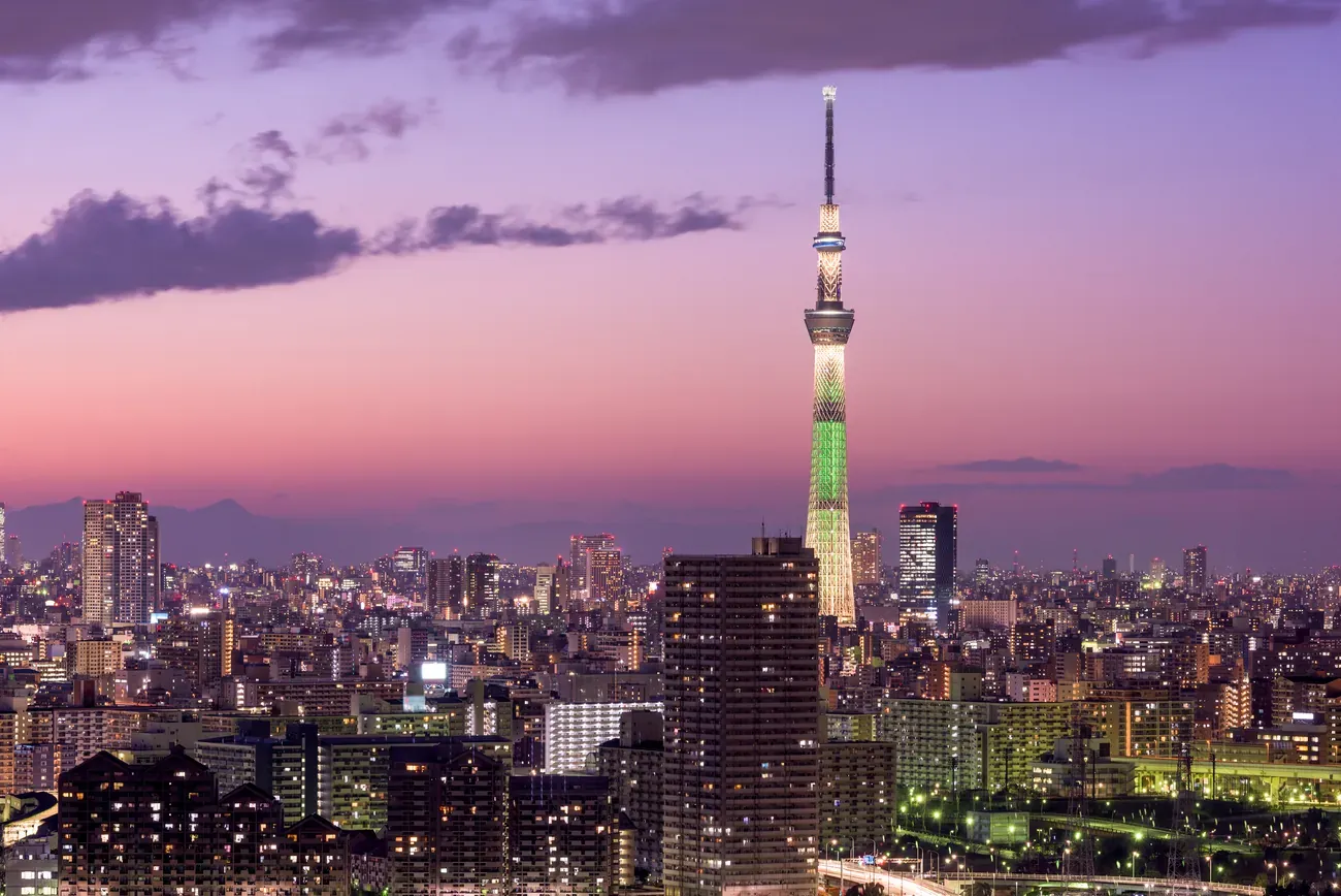 The illuminated Tokyo Skytree above the city skyline at night