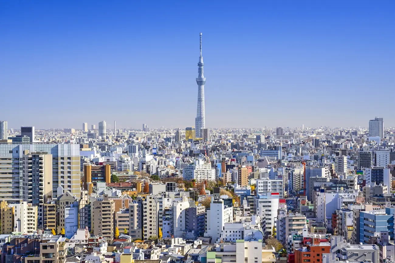 The Tokyo Skytree rising over the Tokyo cityscape by day